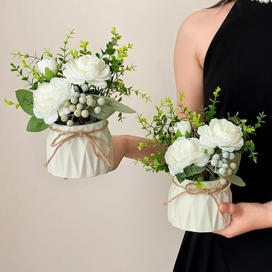 Faux Flowers with Vase, 2pcs Small White Artificial Flowers Arrangement, Potted Plants,Decoration for Bathroom Home Party Office Desk Wedding,Coffee Table Decor (White)