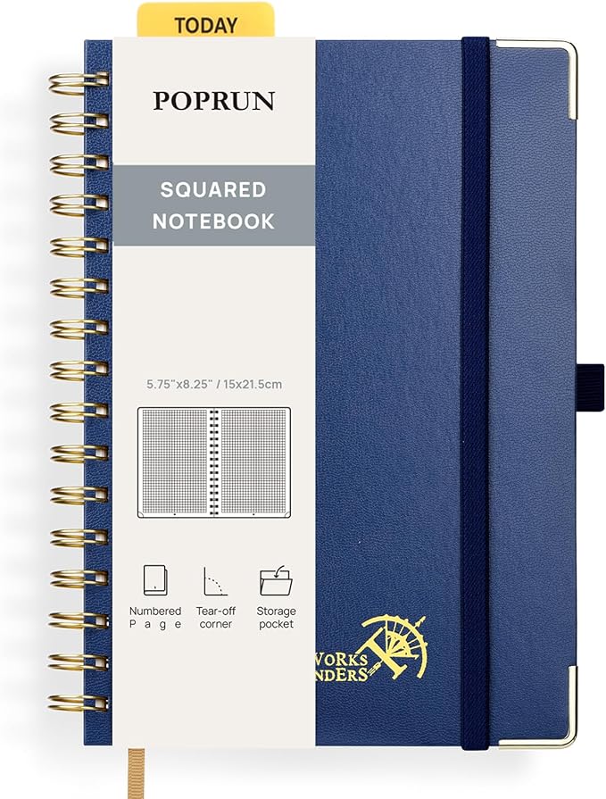 POPRUN Graph Paper Spiral Journal Notebook, [A5-5.75'' x 8.25''] - 120 GSM Thick Paper, 141 Numbered Pages, Grid Notebooks for Men & Women with Pocket, Index Tabs, 8 Perforated Sheets,Navy Blue
