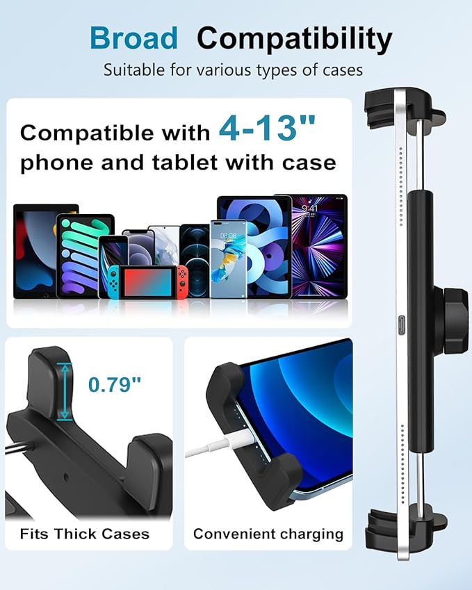 Tablet Holder for Wheelchair/Stroller/Spin Bike/Treadmill/Mic Stand/Boat/Handlebar Clamp, 360° Gooseneck Mount with Adjustable Arm for 4-13" iPad Pro Air Mini, Phone, Galaxy Z Fold, Fire HD