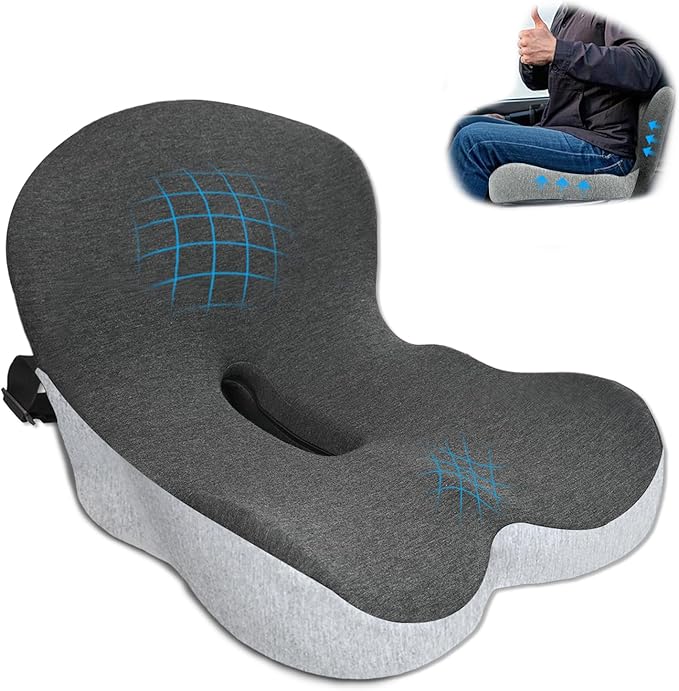 Memory Foam Seat Cushion,Office Chair Cushion with Lumbar Support for Back Pressure Relief, Car Seat Cushion with Adjustable Strap,Sciatica Pad Cushions for Car,Truck, Desk,Gaming Chair