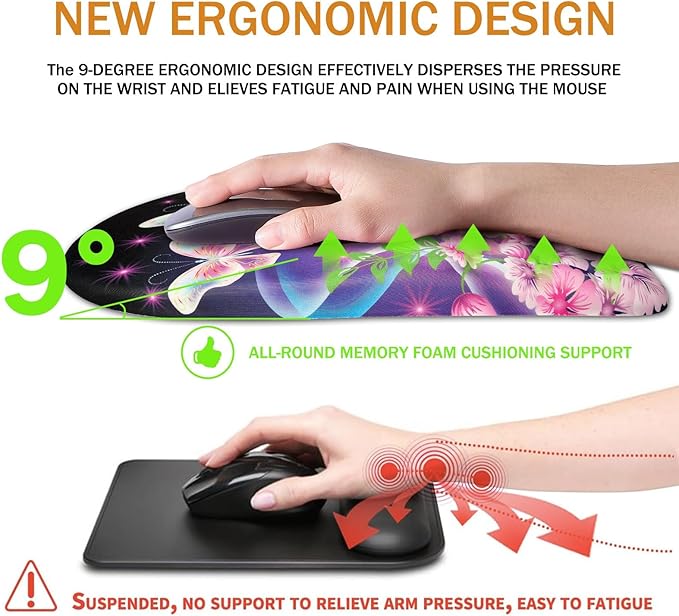 Ergonomic Mouse Pad Wrist Support,Upgrade Mousepad with Massage Design,Non-Slip PU Base Desktop Mouse Pads for Pain Relief, Computer, Office & Home,12 x 8 in（F-Butterfly with Flower）