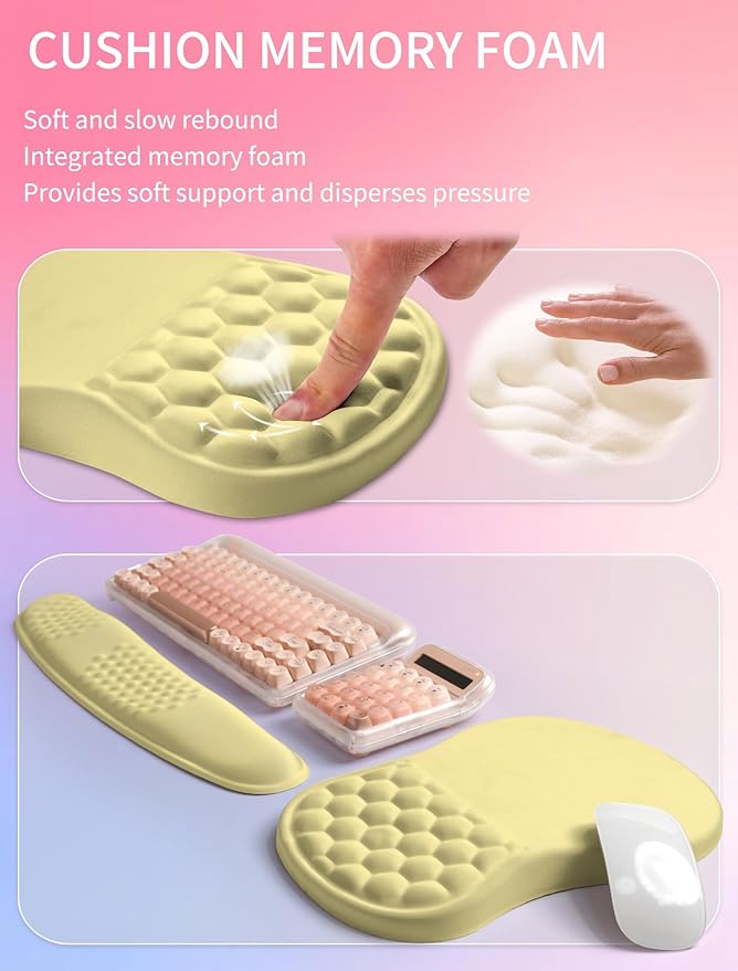 Hokafenle 2in1 Combination, Wave Keyboard Wrist Rest and Ergonomic Curvature Mouse Pad Wrist Support for Relieve Wrist Pain, Filled with Soft Cushion Memory Foam, Butter Yellow