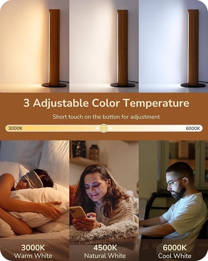 EDISHINE LED Table Lamp, Small Bedside Lamp with 3 Color Temperature & Stepless Dimmable, Memory Function, One-Step Installation, Touch Control Wooden Nightstand Lamp for Living Room, Bedroom