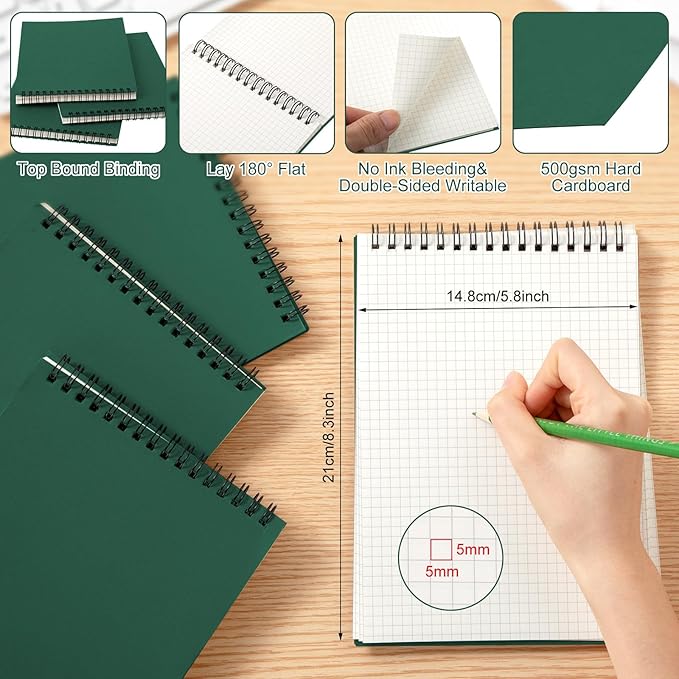 6 Pack Graph Paper Spiral Notepad A5 Top Wirebound Notepad Grid Notebook Steno Pads Memo Notebook Grid Paper 140 Pages for Writing Sketching Drawing Office Supplies (Dark Green)
