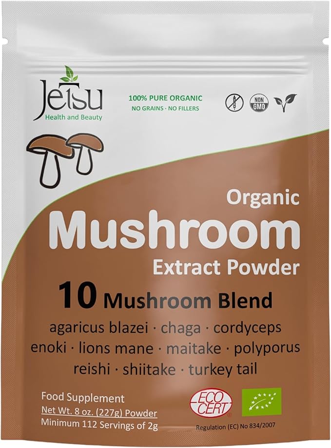 Mushroom Extract Powder - Powerful 10 Blend, Organic Lions Mane, Cordyceps, Reishi, Shiitake, Turkey Tail Mushrooms Nootropic Brain Supplement for Energy, Calm, Focus & Immune System Booster