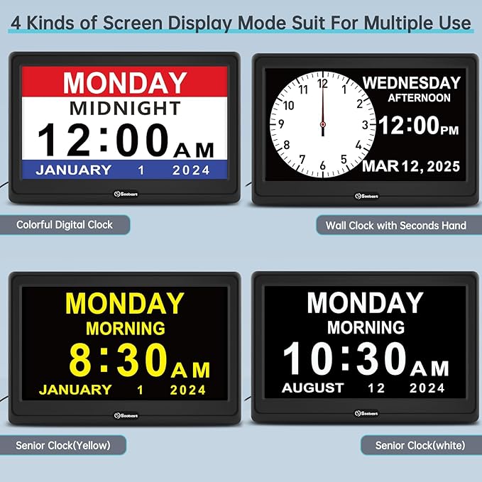 Soobest 12” Digital Dementia Clock for Seniors Elderly Extra Large with Date Day and Time Display, Electric Calendar Clock 20 Reminders 3 Ringtones for Memory Loss Alzheimers, Auto DST/Dimmer