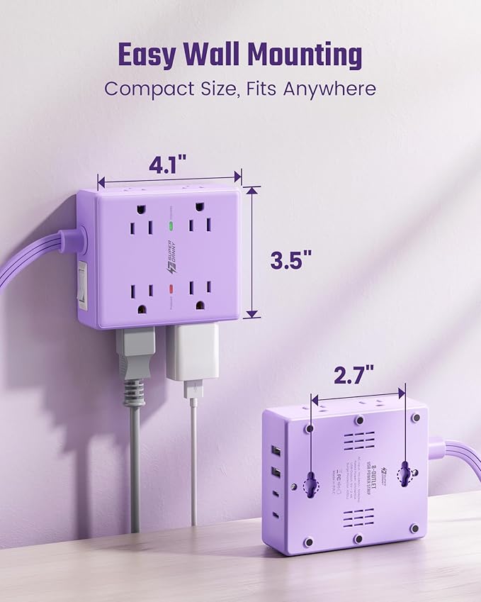 Purple Extension Cord 10Ft, Flat Plug Surge Protector Power Strip Kawaii, 8 Outlets & 4 USB Ports (2 USB C), Cute Stuff Purple Room Decor, Lavender Office Desk Accessories for Girls