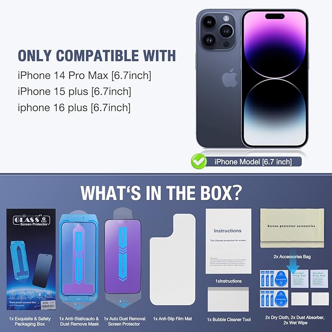 2-Pack Anti Blue Light Matte Screen Protector for iPhone 14 Pro Max /iPhone 15 Plus/iPhone 16 Plus, 9H Tempered Glass, Full Coverage, Anti-Fingerprint, Auto Dust-Elimination, No Bubble, Easy Installation