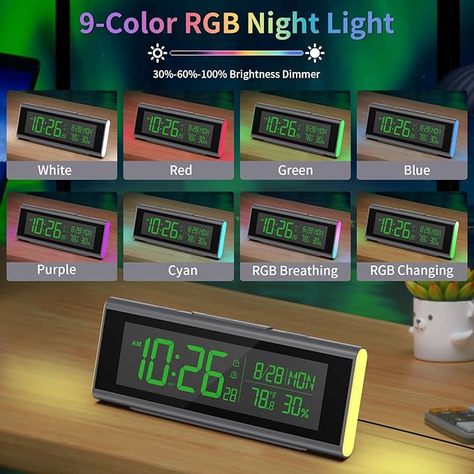 Digital Alarm Clocks for Bedrooms, LED Desk Clock with RGB Night Light, Brightness Dimmer, Date, Week, Temperature Large Display, Modern Decor for Desk, Office, Gift for Kids, Teen, Adults (Black)