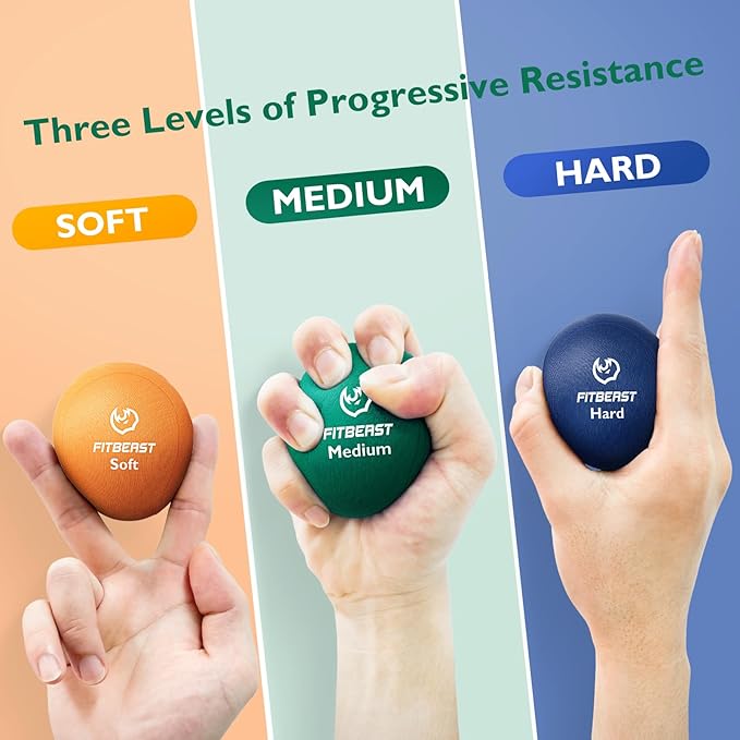 FitBeast Stress Balls for Adults, 6-Pack Hand Therapy Balls, Soft, Medium, Hard Tri-Density, Green, Orange, Blue