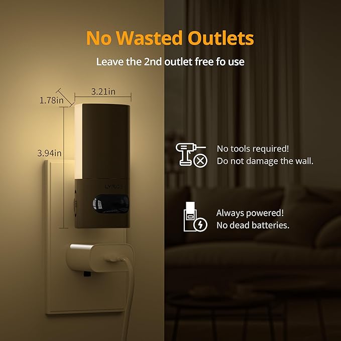 Lyridz Plug-in LED Rotatable Night Light with Motion Sensor, Dimmable Backlit Nightlight with 1-150lm Adjustable Brightness for Bathroom, Bedroom, Hallway, Stairs, 2 Pack