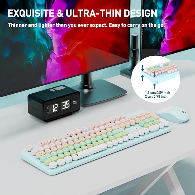 Wireless Keyboards Mouse Combos, Colorful Cute Typewriter Full-Size Retro Round Keycaps, 2.4GHz Cordless Sleep Mode Office Quiet Wireless Keyboard and Mouse Set for Desktop Laptop PC Computer