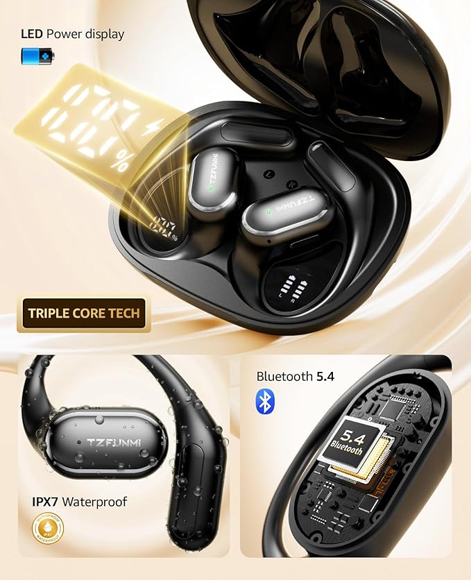 Open-Ear Bluetooth Wireless Earbuds: Wireless Headphones for Runners & Cyclists - IPX7 Waterproof - 5.4 Bluetooth Ear Buds with LED Digital Display for Sport, Gym, Workout