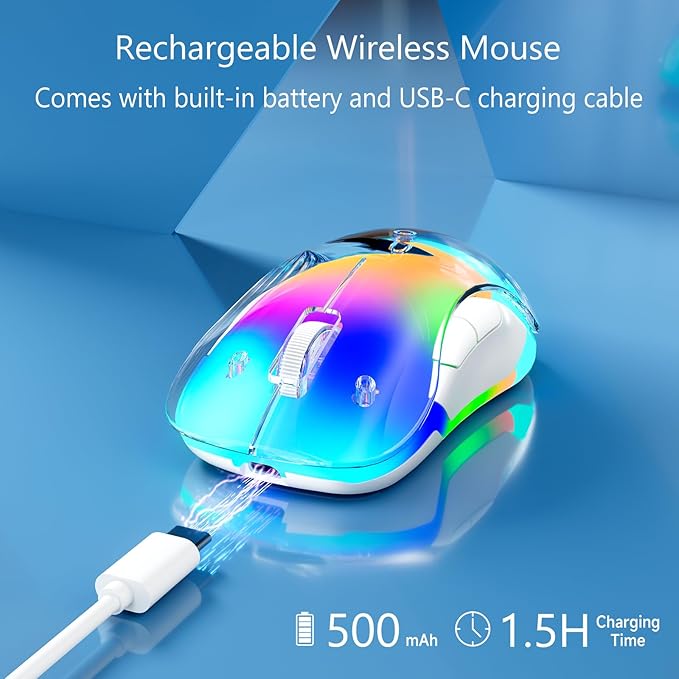 memzuoix 2.4G Wireless Mouse with Customizable Cover & 9-Color LED - Rechargeable Ergonomic, 1200 DPI, 5 Buttons, USB Receiver for PC/Mac - Blue