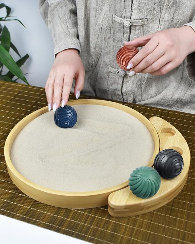 Artcome Jpanese Mini Zen Garden Kit for Desk - Bamboo Sand Tray with 4 Unique Zen Balls & Rake Tools - Relaxation and Meditation Sand Garden for Office, Home & Mindfulness Therapy - Ideal for Gift
