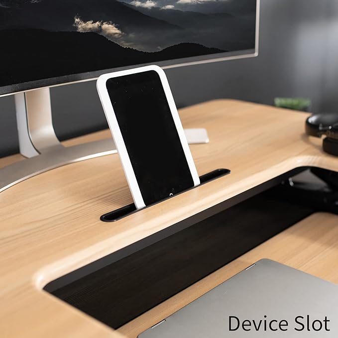 VIVO 42 inch Height Adjustable Stand Up Desk Converter, V Series, Quick Sit to Stand Tabletop Dual Monitor Riser Workstation, Light Wood Top, Black Frame, DESK-V000VLO