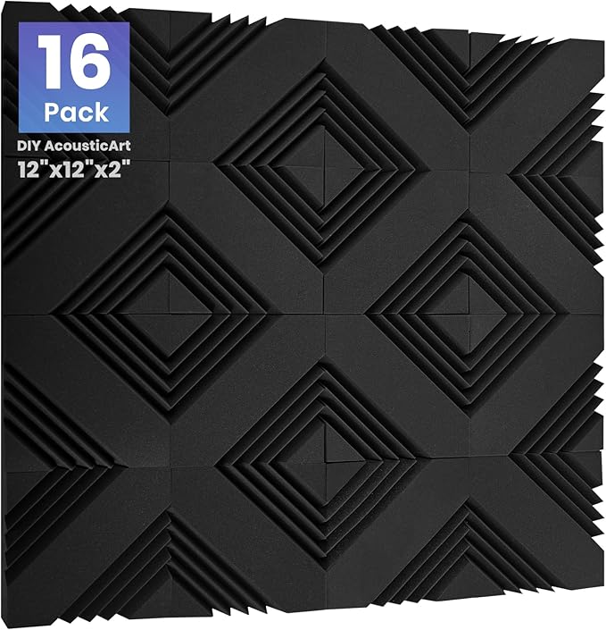 16 Pack DIY Creative Art Decor Acoustic Foam Panels 2" x 12" x 12" Sound Proof Foam Panels Soundproofing Noise Cancelling Wedge Panels with 90PCS Reusable Double-Side Adhesive Dots