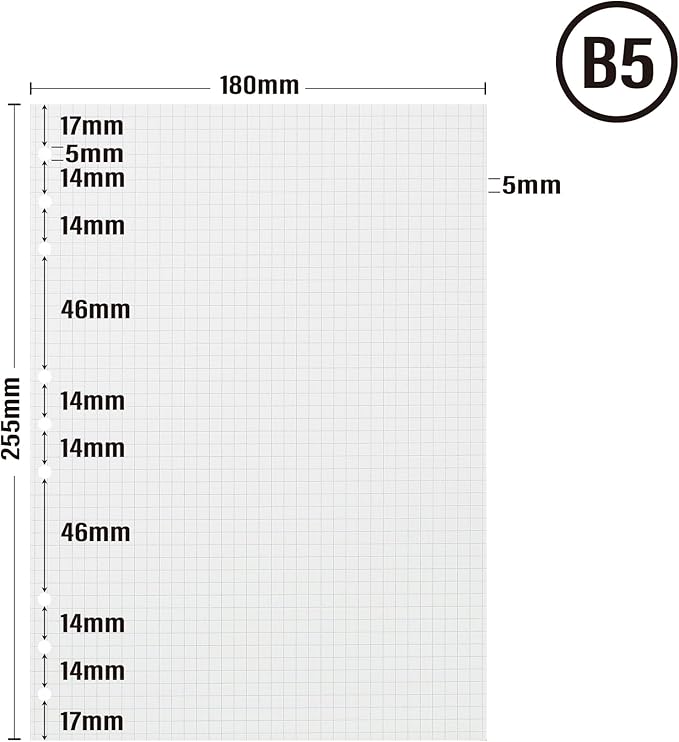 90 Sheets Planner Refill Paper 5mm Squared Inserts Paper B5 9 Holes Binder Grid Notepaper for Filofax Bullet Journals Diary (7.09x10.04 inch)