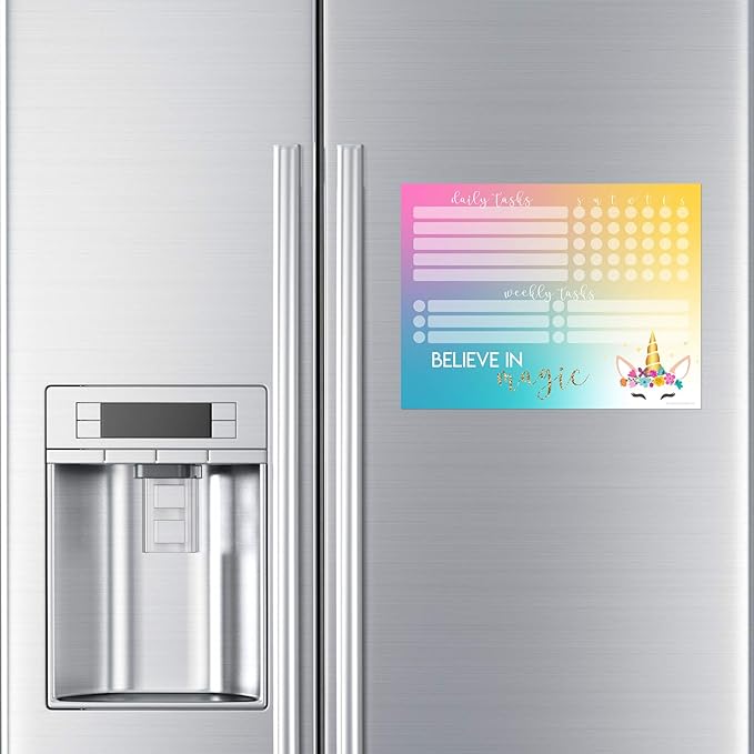 Dry Erase Whiteboard Task Planner | Removable and Restickable Adhesive Decal | Fine-Tip Magnetic Marker Included (9 x 12 inches, Unicorn Magic)