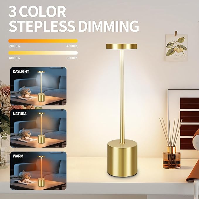 2 Pack Rechargeable Cordless Metal Table Lamps, LED Bedside Lamps with 3-Color Dimming, Portable Small Desk Lamps for Bedroom, Outdoor, Restaurant, Bar, Café, Camping Use