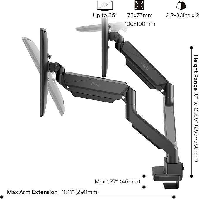 Pixio PS2D Ultrawide Heavy-Duty Premium Dual Monitor Arm Stand Desk Mount - Fits up to 35 inches Two Monitors, Weights up to 33 lbs Each, Height Adjustable, Compatible with VESA 75x75mm 100x100mm