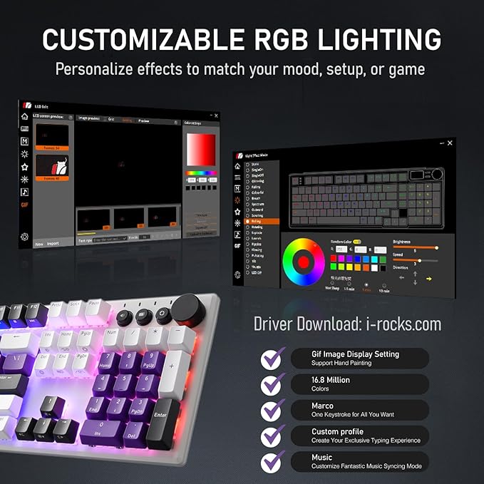 iRocks K74R Wireless RGB Illuminated Mechanical Gaming Keyboard, Hot-Swappable Switches, Floating Design, PBT 107 Keys NKRO, Detachable USB-C Cable - White Amethyst (Brown Switches)