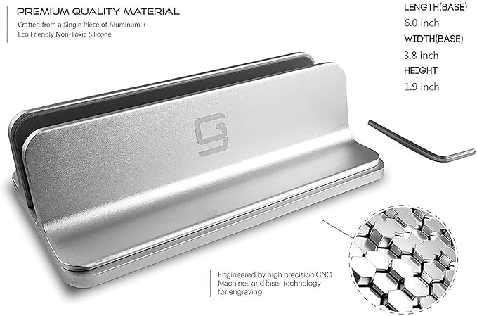 Vertical Laptop Stand for Desk [Adjustable] Sturdy Aluminum Dock Fits All Laptops (up to 20.3 inches) Space Saving, Modern Compact Holder, Compatible with MacBook Pro/Air, Surface, HP, Dell (Silver)