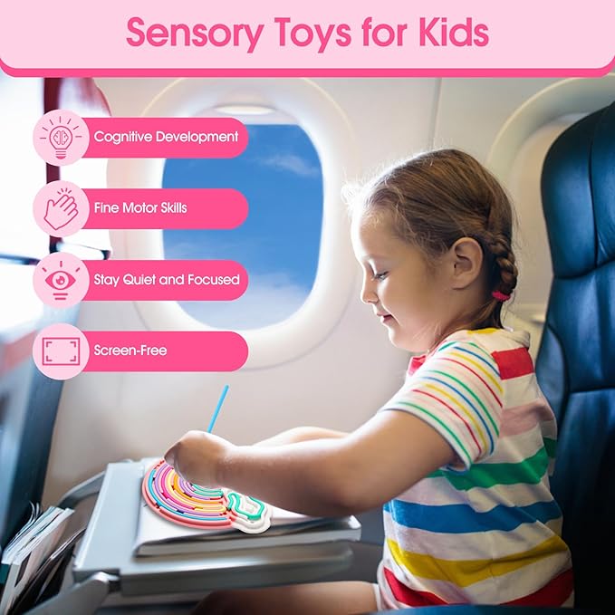 Fidget Toys Sensory Activity Board, Silicone Sensory Toys for Stress Anxiety Autistic ADHD Calming, Kids 3+ & Adults, Travel Bag & 12 Strings, Rainbow (Pink)
