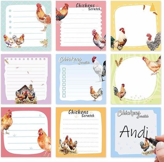 Chicken Sticky Notes Gifts - 9Pack Cute Sticky Notes 3x3 Roosters Chicken Gifts for Women Chicken Scratch Funny Post Notes Animals Self-Stick Notes Pads Office School Supplies 450 Sheets