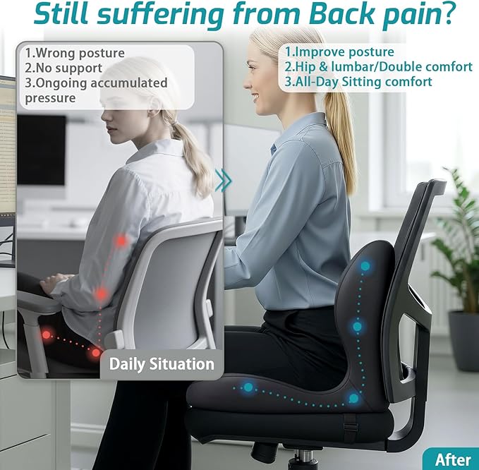 Memory Foam Seat Cushion,Office Chair Cushion with Lumbar Support for Back Pressure Relief, Car Seat Cushion with Adjustable Strap,Sciatica Pad Cushions for Car,Truck,(C-Dark Grey)