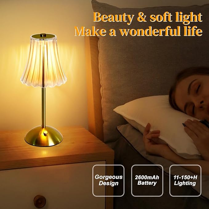 Cordless Table Lamp Rechargeable,LED 3 Colors Light Touch Dimmable Gold Small Lamp Decorative 12" for Nightstand,Bedside,Kitchen,Living Room 2600mAh High Capacity Battery Powered (Acrylic Flower)