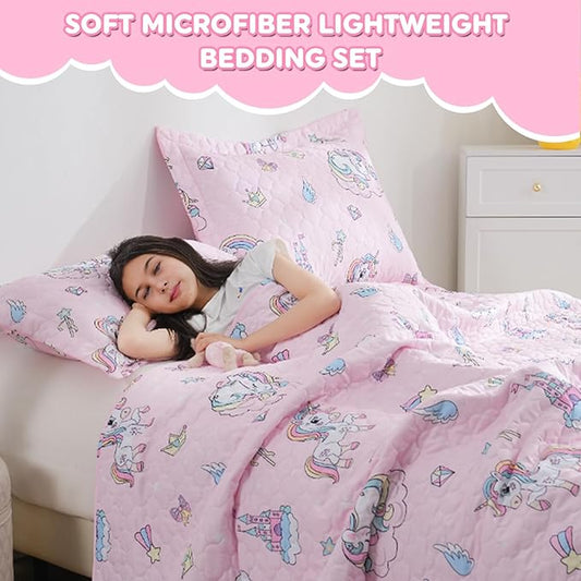 Pink Unicorn Girls Quilt Set Twin Size Kids Bedding Sets Lightweight Summer Bedspread Soft Microfiber Breathable Bed Comforter All-Season