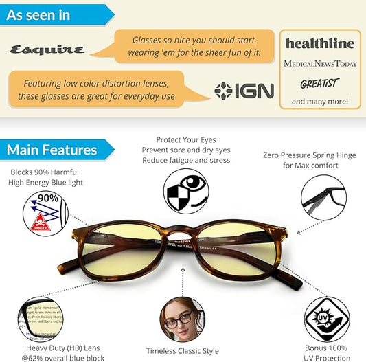 J+S Vision Blue Light Blocking Glasses for Men Women | Computer Gaming Work| Anti Strain Fatigue UV Glare | Medium-Small Fit
