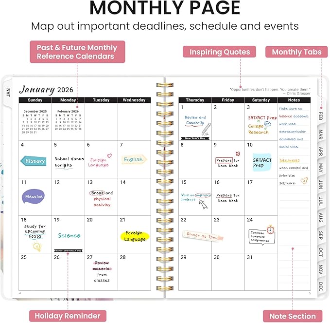 2026 Planner, Monthly and Weekly Calendar Planner for Women, January 2026 - December 2026, Hardcover Pretty 2026 Agenda Planner Book with Tabs, Spiral Bound, Perfect for School Office Home Supplies, 6.3" x 8.5" - Painted Bloom