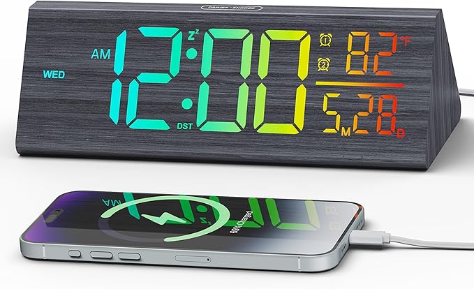 Solid Wood Digital Alarm Clock for Bedroom - 8.8 Inch Large Display for Living Room, See Time Instantly! Multicolor Backlight Time Display, Dual Alarms, Date/Temp/Day, DST, Snooze (Black)