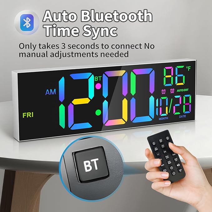 16.5" Large LED Wall Clock with Bluetooth Sync, Night Light, DST, 2 Alarms, RGB Color, Temperature, Remote Control, 12/24H, Timer for Living Room, Bedroom, Desk, Gift for Mother Father Elderly