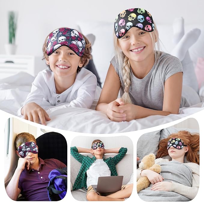 2 Pcs Human Skulls Sleep Halloween Mask for Women Men, Funny Silk Eye Covers for Sleeping, Adjustable Strap & Light Blocking Design, Adult Children's Bedtime Blindfold for Travel and Home Use (Skull)