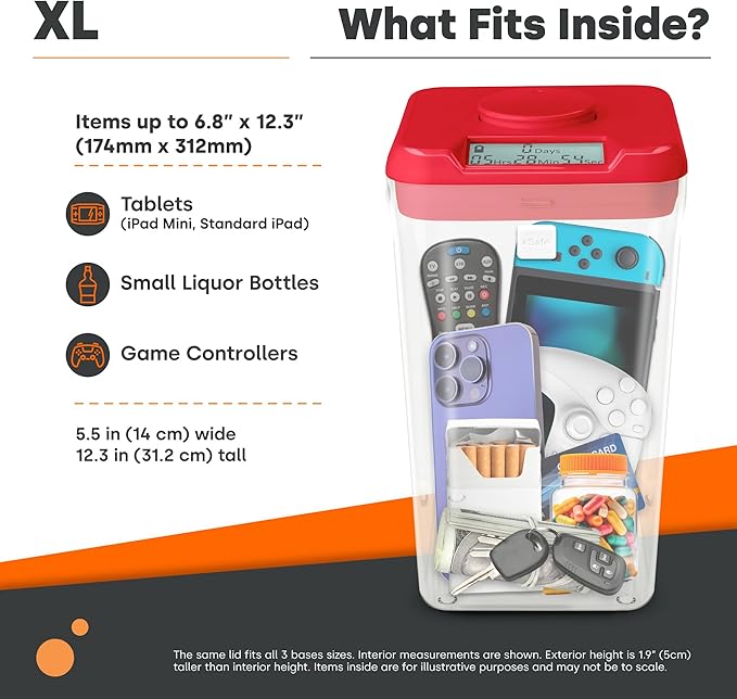 Phone Lockbox & Snack Lock Box with Timer (XL) - KSafe Timed Lock Box for Cell Phones, Food - Kitchen Safe Time Locking Container for Habit Formation (Red Lid + 12.3” Clear Base with Access Port)