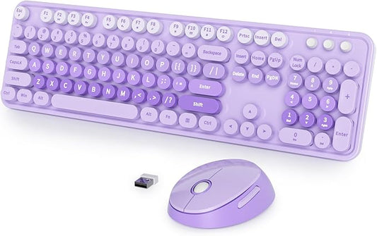 Fogruaden Purple Retro Typewriter Keyboard and Mouse Wireless, 2.4GHz Office Full-Sized Colorful Computer Keyboard with Number Pad and Cute Mouse for Windows PC Desktops Laptop