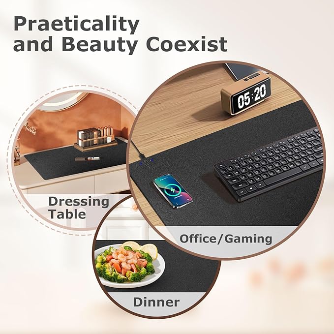 Wireless Charging Mouse Pad Firelison 2 in 1 Leather Multifunctional Office Desk Pad with Non-Slip Rubber Base, Waterproof Desk pad for Computers/Office/Work/Home/Decor（ 32" x 16"Black - L）