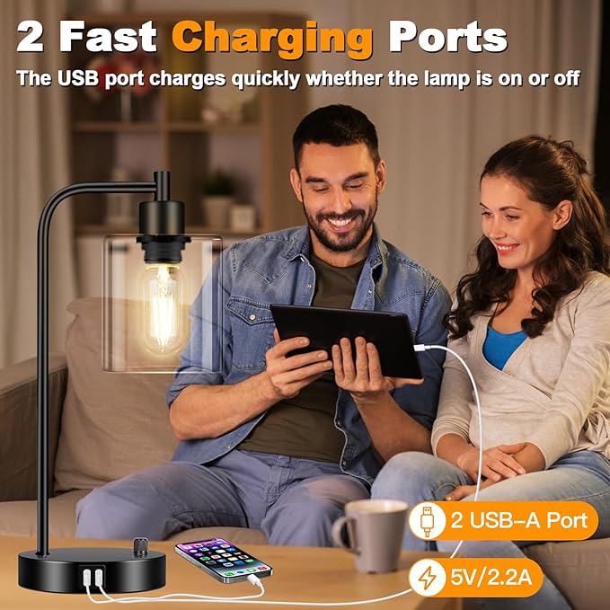 Industrial Table Lamp with 2 USB Charging Ports, Fully Stepless Dimmable Modern Nightstand Lamp, Glass Shade Bedside Desk Lamp for Bedroom Living Room Office, 8W 2700K LED Edison Bulb Included