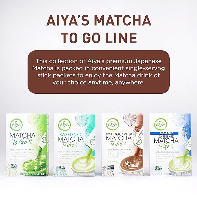 Aiya Japanese Sweetened Roasted Matcha To Go Sticks - Hojicha- Packets of Roasted Japanese Matcha Green Tea, Gluten-Free - For Lattes & Smoothies - 8 Single-Serving Sticks