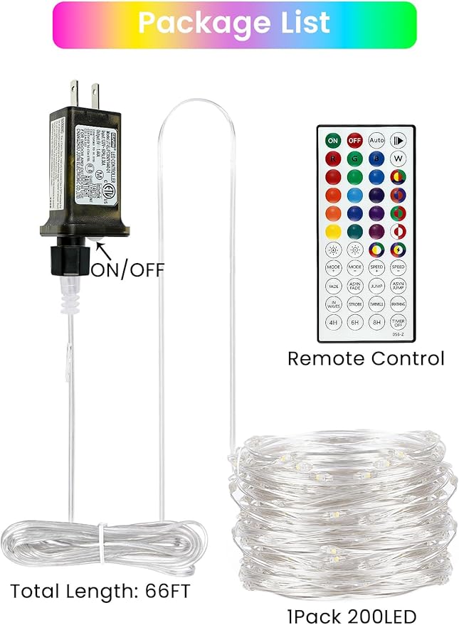 66Ft 200 LED RGB Color Changing Fairy Lights Plug in, Waterproof String Lights with Remote for Outdoor & Indoor, 8 Modes 16+2 Colors Twinkle Lights with Timer for Girl's Room Christmas Decorations