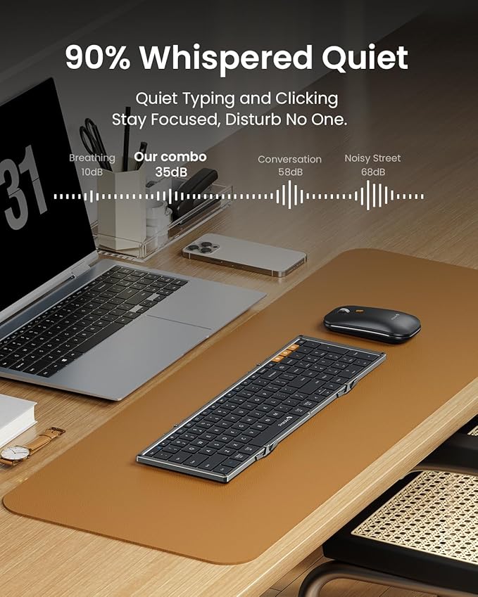 ProtoArc Foldable Keyboard and Mouse, XKM01 True Full-Size Folding Wireless Keyboard Mouse Combo for Business Travel, a Portable Office Suite On-the-Go, Compatible with Laptop iPad Tablet - Black Gray