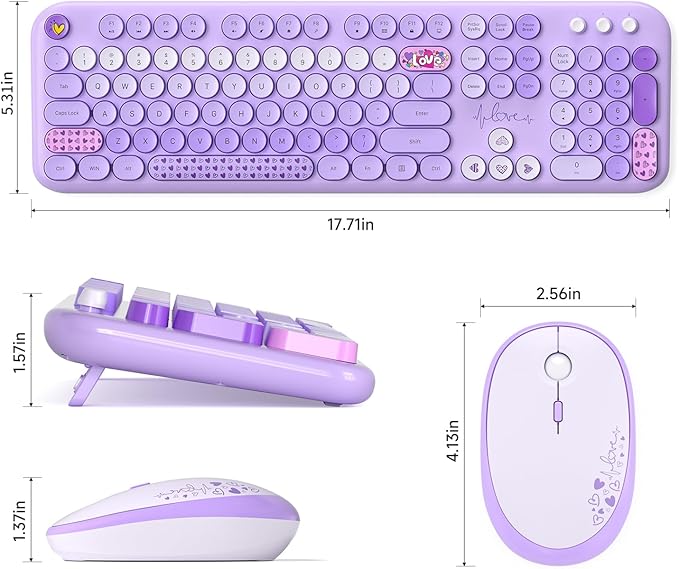 MOFII Wireless Keyboard and Mouse Combo, Full Size 2.4G Plug and Play Typewriter Retro Round Computer Keyboard and Mouse Set for Windows, Computer, Desktop, PC, Notebook - (Purple Colorful)