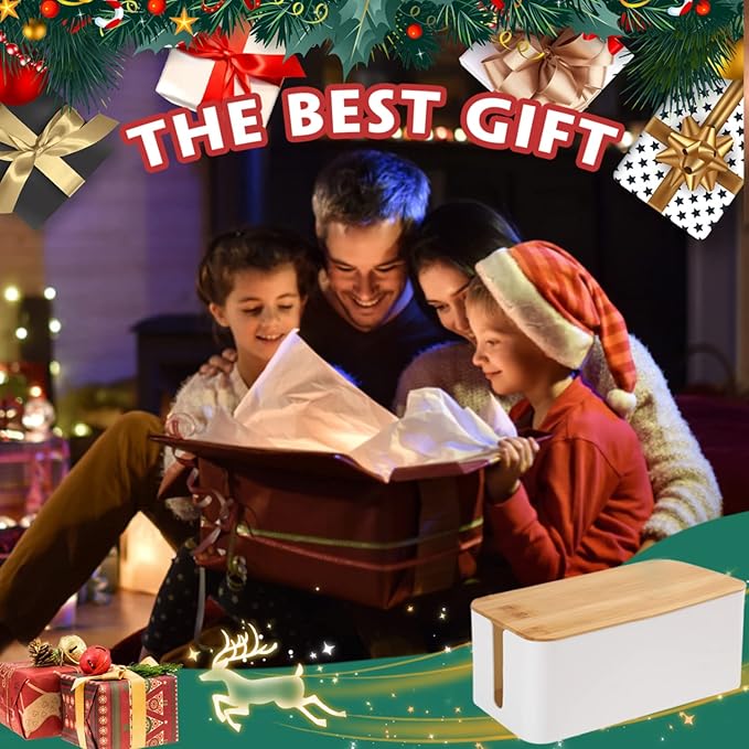 Cable Management Box Organizer, Set of 2 Bamboo Lid Large Storage Wire Holder to Conceal Hide Surge Protector, Power Strips Cord on Desk Floor, with 5 Cables Tape for Home Office Computer TV USB Hub