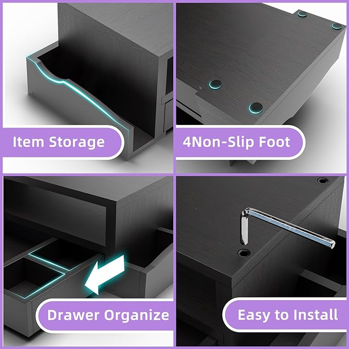 Simple Trending Monitor Stand Riser and Computer Wood Desk Organizer with Drawer and Pen Holder for Laptop, Computer, iMac, Black