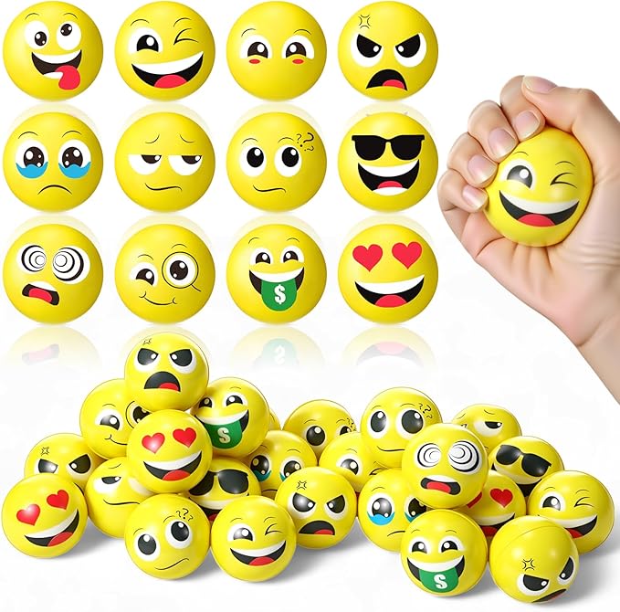 Libima 120 Pcs Face Stress Balls Bulk 2 Inch Foam Face Squeeze Balls Mini Yellow Funny Stress Relief Ball for Kids Adults Coworkers Relief Squeeze Finger Exercise School