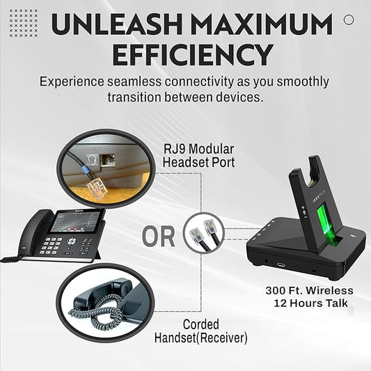 INNOTALK - Desk Phone Wireless Headset with RJ9 Adapter, 12-Hour Talk Time Handsfree Phone Headset, Office Phone Headset for Desk Phone, 300 Ft. Long Range Wireless Headset, W780