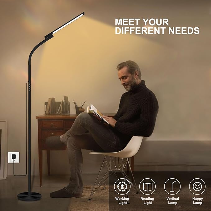 Happy Lamp,10000 Lux Sun Light, Floor Daylight Lamp with Remote & Touch Control & Adjustable Gooseneck for Reading/Office/Home (Black)
